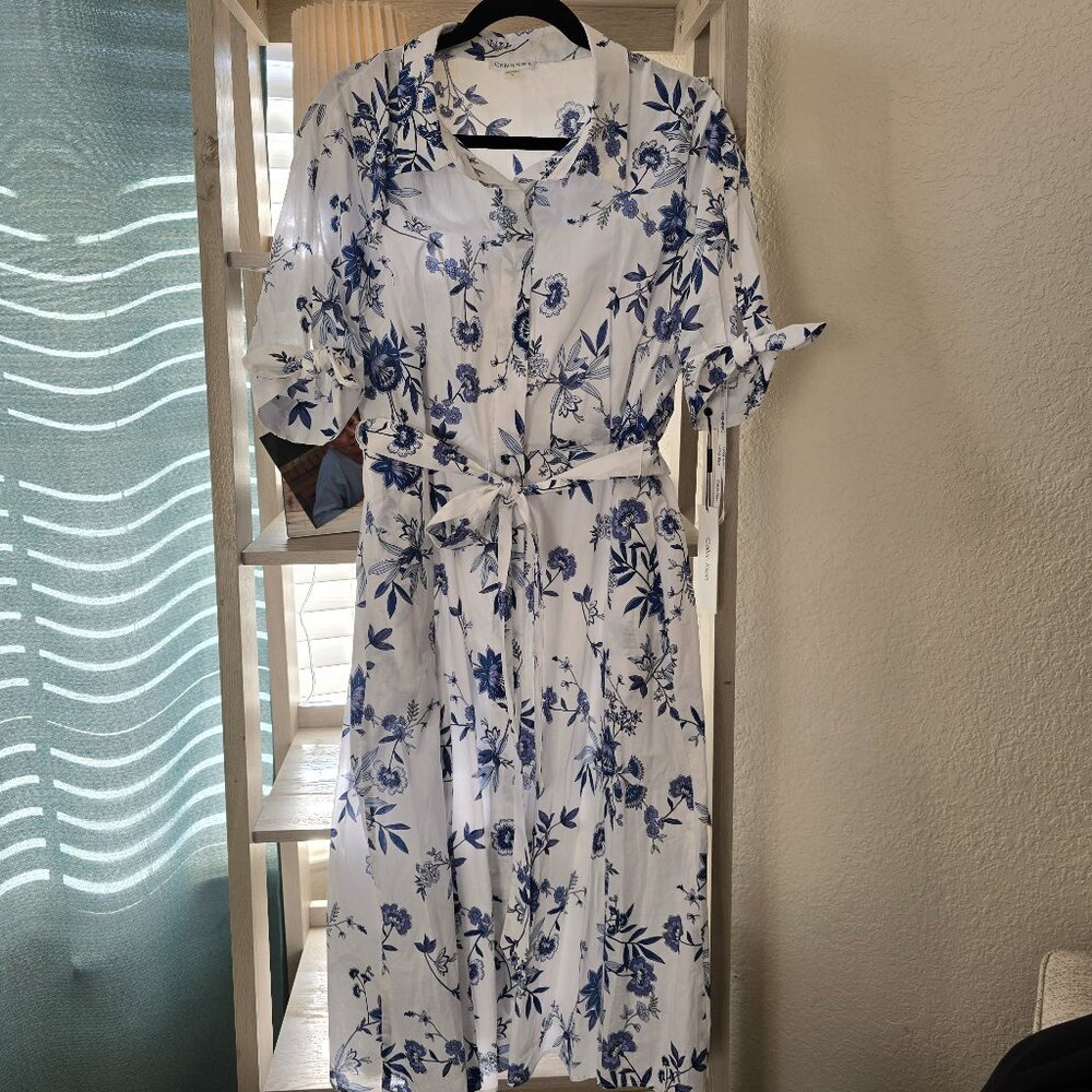 NWT Calvin Klein Blue and White Floral Shirtdress, Sz 16